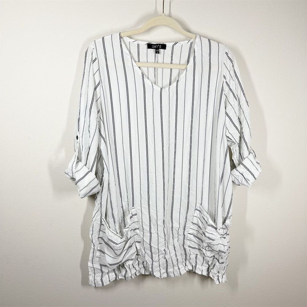 Comfy USA Women's Crinkle V-Neck Striped‎ Tunic Size S White Roll Tab Sleeves